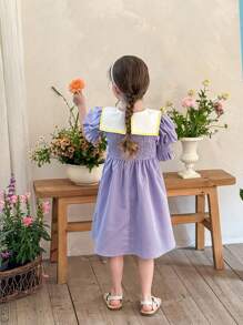 LMoss Kids Vestido casual ajustado con cuello y contraste de color para niña LMoss - Morado - Ver 3