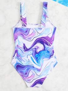 SHEIN Tween Girl Marble Print Cutout Sleeveless Swimsuit, Random Print - Multicolor - View 2