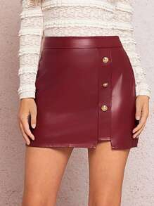 SHEIN Clasi 女士酒红色不对称金属扣紧身裙，优雅外出，浪漫约会，春夏 - 紅色 - 查看 4