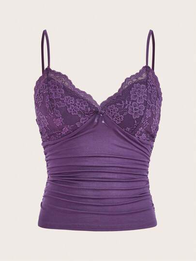 Sweetina Contrast Lace Bow Front Y2k Cami Top