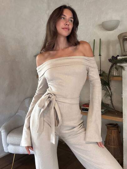 Cloudara Casual Solid Color Off-The-Shoulder Flare Sleeve Jumpsuit