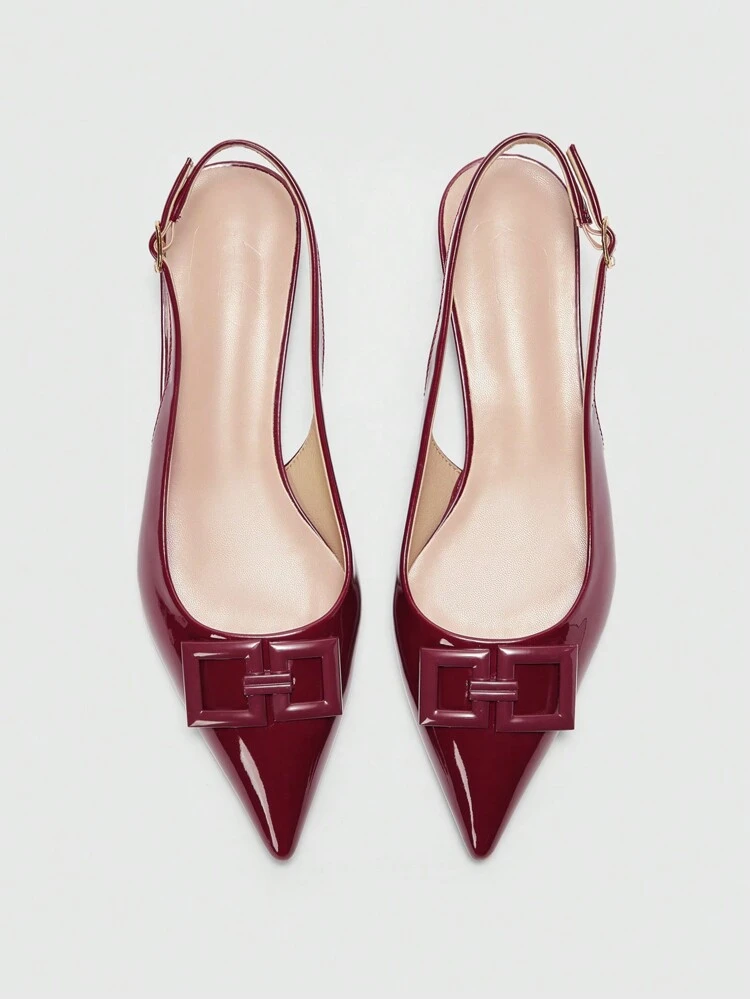 CUCCOO BIZCHIC Women's Square Buckle Pointed Toe Low Heel Flats, Quirky Heel Design, Versatile & Comfortable, Burgundy Patent Leather Slip-On Flats, Suitable For Work And Commute For Christmas Spring Shoes