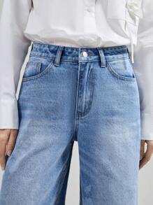 Ontre Calça Jeans Feminina Azul Cintura Baixa Casual Algodão Jeans Calça Reta Estampada Padrão Casual Estilo Dinheiro Antigo - Lavagem Média - Ver 6