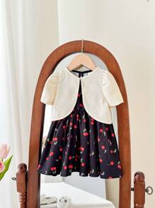 SHEIN Baby Girl Summer Cute Black Cherry Print Dress And Jacket Set - Black and White - View 4