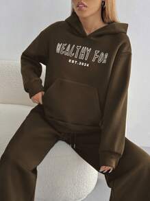 SHEIN Unity 女士字母印花口袋连帽衫，简约休闲设计，适合毕业季、教师节等场合，秋季返校季套头衫。 - 咖啡棕 - 查看 6