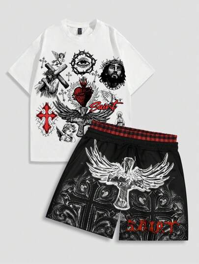 2pcs Men's Daily Gothic Cross Print Short Sleeve T-Shirt And Shorts Set, Halloween