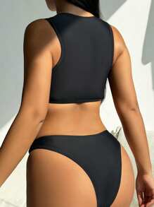 SHEIN Swim Springbreak 女士夏季海滩度假纯色方领无袖上衣和高开叉泳装 2 件比基尼套装 - 黑色 - 查看 3