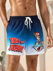 TOM & JERRY X SHEIN Shorts de playa con cordón en la cintura, gráfico de dibujos animados, azul degradado, para vacaciones de verano, hawaiano