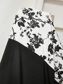 SHEIN Frenchy Plus Size Boho Elegant Romantic Minimalist Black & White Floral Print Color Block Modest Midi Dress, Suitable For Valentine's Day, Vacation, Women Midi Dress, For Summer