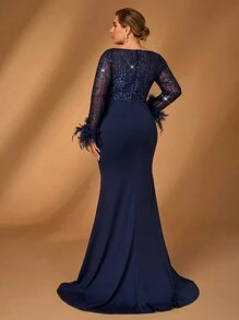 Serin فستان أنيق فاخر أزرق داكن شفاف طويل الأكمام مطرز بالدانتيل والترتر، تصميم مجعد ذيل حورية البحر، مناسب للزفاف والحفلات والسهرات وفستان أم العروس (الأساور مزينة بالريش)، مناسب لعيد الحب - الأزرق - مشاهدة 3