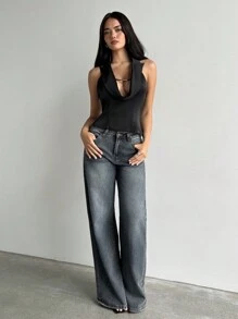 Aloruh Camisa/top de oficina sexy con cuello negro
