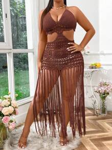 Swim Vcay Große Größen einfaches modisches lässiges Strandkleid mit Fransenbesatz am Saum, zum täglichen Tragen, für Sommerurlaub am Strand