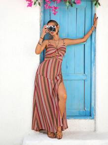 Vivid Eden Đầm không tay vải họa tiết xẻ tà gợi cảm cổ thắt nơ khoét sâu đính ngọc trai hở lưng cho nữ - màu nâu - Xem 6