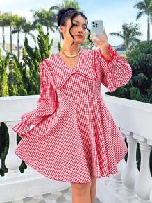 SHEIN EZwear Plus Size Lente/Zomer Vakantie Picknick Roze Geruite Swing A-lijn Jurk Met Peter Pan Kraag
