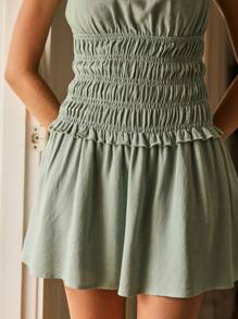 Aralina Smocked Waist Sage Mini Sleeveless Flowy Chic Summer Dress - White - View 3