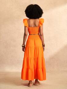 Slaydiva Vacation Cap Sleeve Whipping Camisole Top And Long Layered Summer Skirt - Orange - View 2