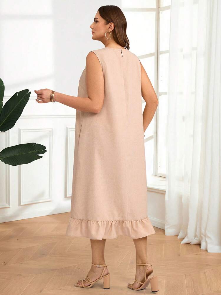 Plus Size Solid Color Lace Patchwork Ruffle Hem Dress Spring Outfits For Women Elegant