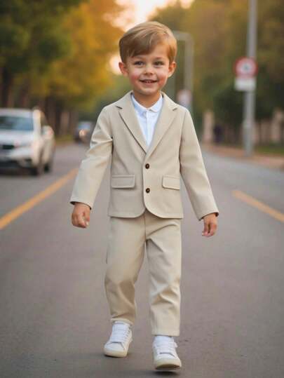 Young Boys 2 Pieces Gentleman Suits, Spring/Summer Toddler Boys Gentleman Outfits, Includes 1 Textured Long Sleeve Blazer Jacket With Notch Lapel Design, Faux Pockets Details And 1 Ankle-Length Formal Pants, Fashionable Suit For Birthday Party, Ceremony, Wedding, Wedding Guest, Ring Bearer, Page Boy