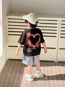 2 件装年轻男孩休闲时尚简约实用柔软宽松韩版夏季短袖 T 恤和短裤套装，适合春夏季、派对 - 黑色 - 查看 5