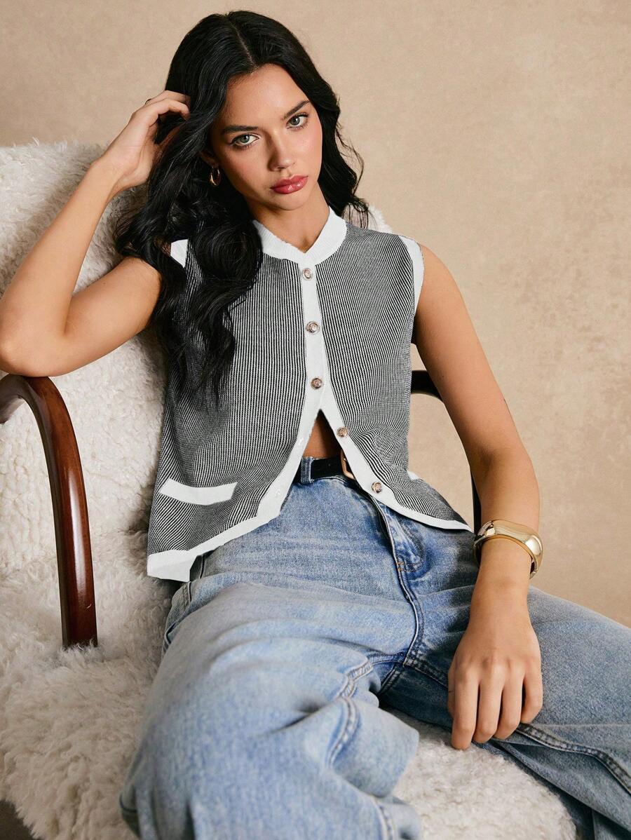 Poéselle New Contrast Stripe Knitted Camisole Vest, Fashionable Sleeveless Women' Cropped Top - White - View 1