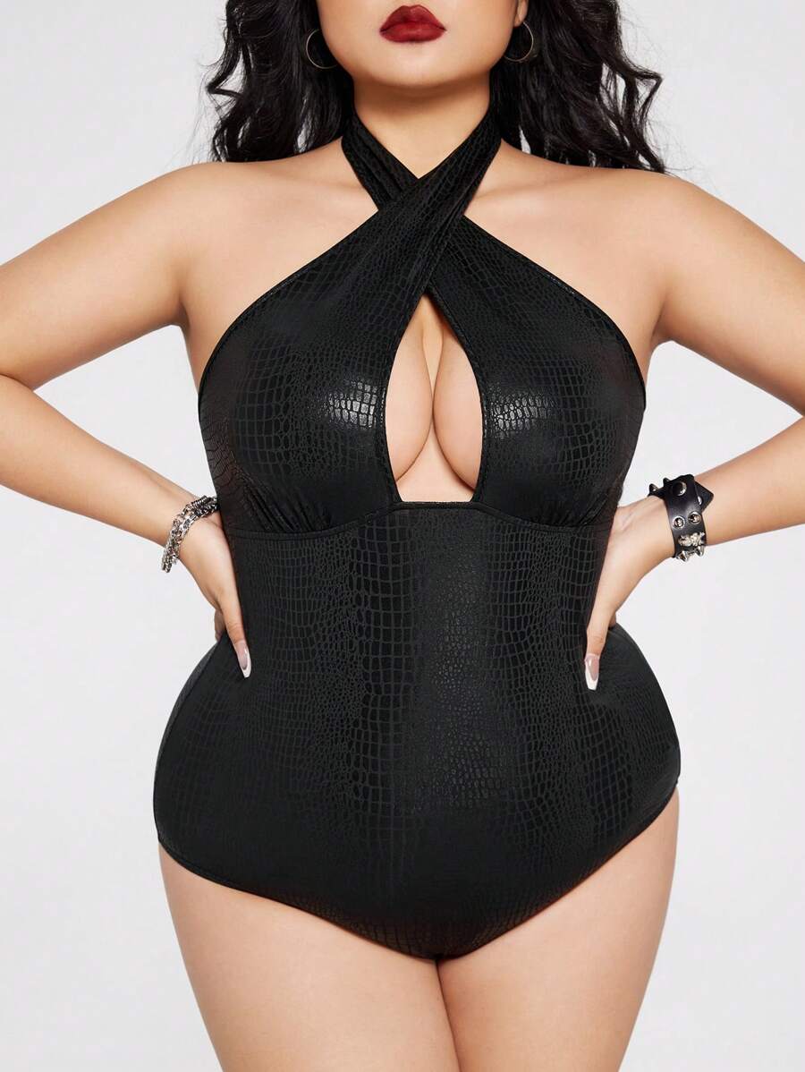 SHEIN ICON Plus Size Snake Skin Pattern Cross Neck Backless Bodysuit, Sexy Y2K Bodysuit - Black - View 1