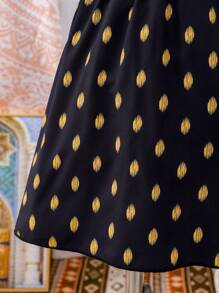 SHEIN 女童高贵 V 领黑色和金色波尔卡圆点蕾丝花边腰部收腰中长连衣裙，日常穿着兄弟姐妹装套装（单独出售，3 件） - 彩色 - 查看 5