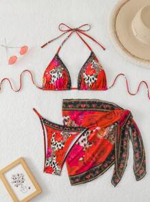 SHEIN Swim 3pcs/Set Bohemian Tie Neck Triangle Retro Bikini Swimwear Beach Outfit For Women For Summer Beach Vacation