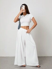 SHEIN PETITE Solid Color Short Sleeve T-Shirt And Wide Leg Pants Set, Minimalist Fashion Casual Daily Wear