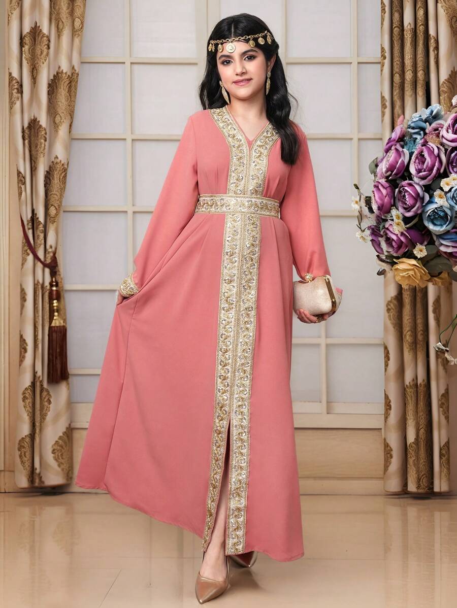 Sequin Patchwork Split Hem Dress With Long Sleeves For Teenage Girls - Pink - View 1