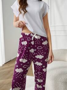 RueChic 女士 2 件高品质柔软触感生菜边短袖衬衫和撞色云彩和星星图案睡衣套装 - 白色 - 查看 1