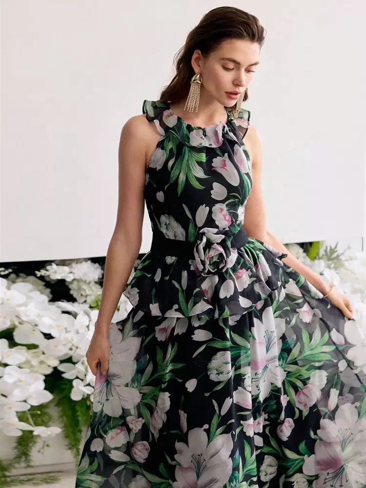 FLORAL PRINT RUFFLE TRIM DRESS