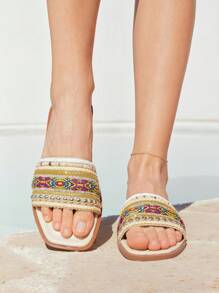 Styleloop Women's Woven Flat Sandals In Black, Brown, Beige, Coffee, Slip-On Thong Slippers, Solid Color Open Toe Non-Slip Sandals Suitable For Indoor & Outdoor Use - Apricot - View 6