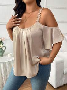 SHEIN Frenchy Plus Size Women's Elegant Simple Ruched Floral Splice Metallic Coating Hollow Shoulder Blouse,Summer Shirts