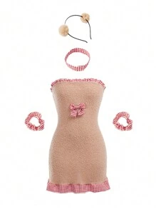 4 Pcs/Set Aksesori Beruang: Bando, Rok, Gelang Lengan, Kalung, Cocok untuk Remaja Putri - Coklat - View 1