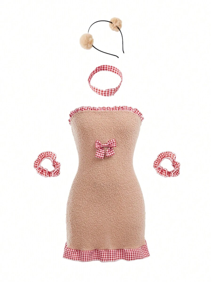 4 Pcs/Set Aksesori Beruang: Bando, Rok, Gelang Lengan, Kalung, Cocok untuk Remaja Putri - Coklat - View 1