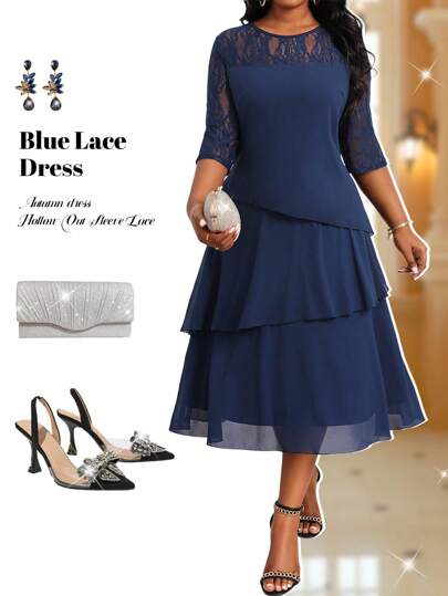 Fleurora Plus Size Women Business Professional Blue Hollow Sleeve Lace Stitching Ruffle Layered Midi Dress Teacher Clothes Teacher Dress Fall Dresses Lace Dresses Four Seasons