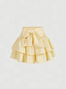 SHEIN MOD Yellow Tied Bow Layered Ruffle Hem A-Line Skirt, Summer - Yellow - View 1