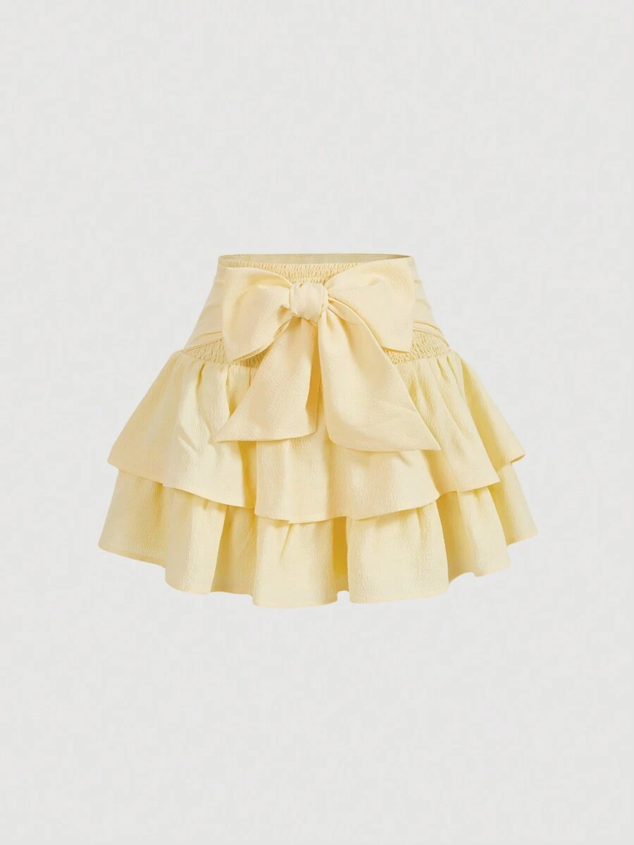 SHEIN MOD Yellow Tied Bow Layered Ruffle Hem A-Line Skirt, Summer - Yellow - View 1