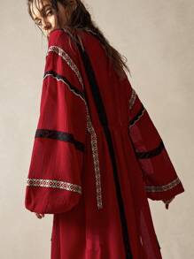 Bohemela Áo tunic dài tay dáng rộng, màu trơn, chất liệu dệt kim, phong cách boho, thích hợp cho kỳ nghỉ biển, dành cho phụ nữ yêu thích phong cách boho. - Đỏ - Xem 6