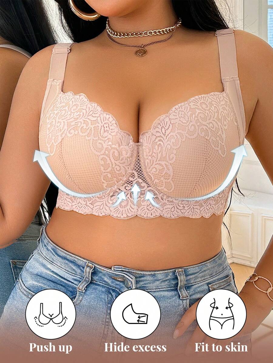 1 件大码性感蕾丝钢圈支撑提拉塑身无缝内衣胸罩 - 米色 - 查看 1
