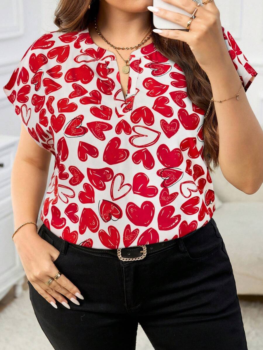 SHEIN Clasi Valentine's Day Plus Size V-Neck Short Sleeve Allover Heart Print Casual Blouse, Everyday Wear,Spring/Summer Outfits For Women - Multicolor - View 1