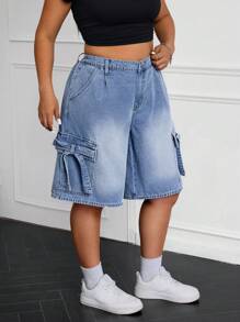 SHEIN EZwear 大码牛仔短裤，休闲时尚，适合日常穿着 - 淺色水洗藍 - 查看 4