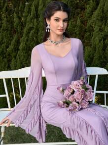 Modelyn Women's Elegant Solid Color Ruffle Flare Sleeve Dress - Dusty Purple - View 6