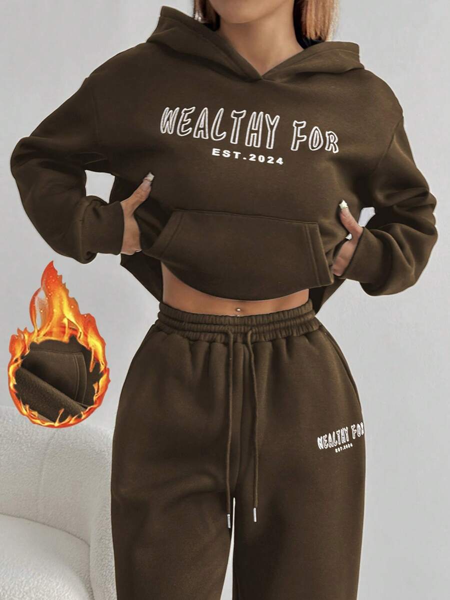 SHEIN Unity 女士字母印花口袋连帽衫，简约休闲设计，适合毕业季、教师节等场合，秋季返校季套头衫。 - 咖啡棕 - 查看 1