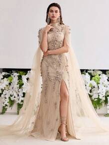 MOTF Soiréza ELEGANTE VESTIDO DE GALA DE NOCHE CON MANGAS EXTRA LARGAS, APLICACIONES FLORALES, ABERTURA EN EL MUSLO Y APLICACIONES DE CUENTAS