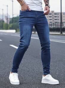 Manfinity Homme 大码男式口袋紧身休闲百搭牛仔裤 - 中等水洗藍 - 查看 3