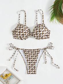 随机花卉印花褶皱女式比基尼套装，配有胸罩和系带侧裤，适合夏季海滩度假 - 彩色 - 查看 5