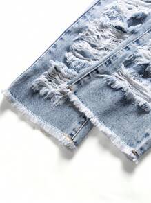 SHEIN Young Boy Distressed Stonewashed Ripped Frayed Loose Fit Blue Denim Jeans, For Kids Spring/Summer - Light Wash - View 6