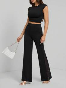 SHEIN Tall Sequin Splicing Loose Elegant Straight Leg Pants, Suitable For Commuting - Black - View 8