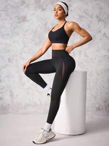 Easithlete Plain Color High Waist Seamless Sports Leggings - Black - View 3